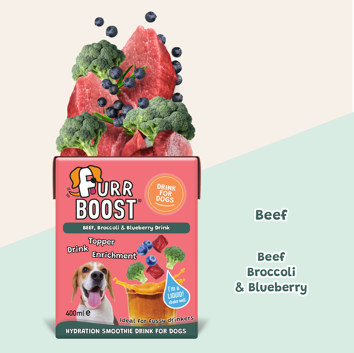 Fur Boost drink for dogs - Beef, Broccoli and Blueberry 400ml (carton)