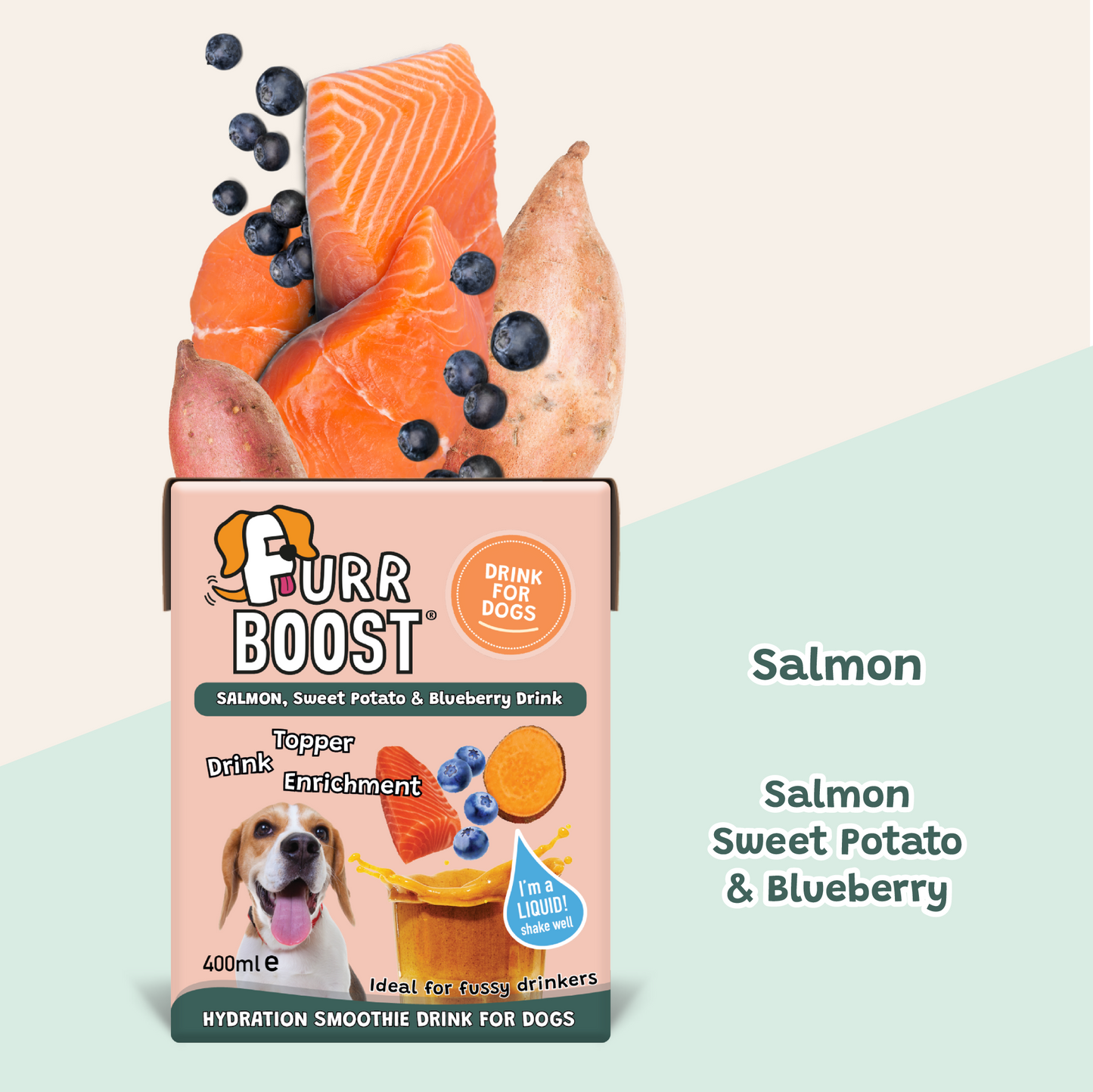 Fur Boost drink for dogs - Salmon, Sweet Potato and Blueberry 400ml (carton)