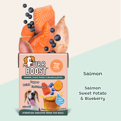 Fur Boost drink for dogs - Salmon, Sweet Potato and Blueberry 400ml (carton)